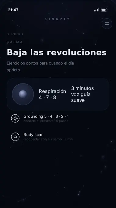 Sinapty Calm screen, with breathing and grounding exercises