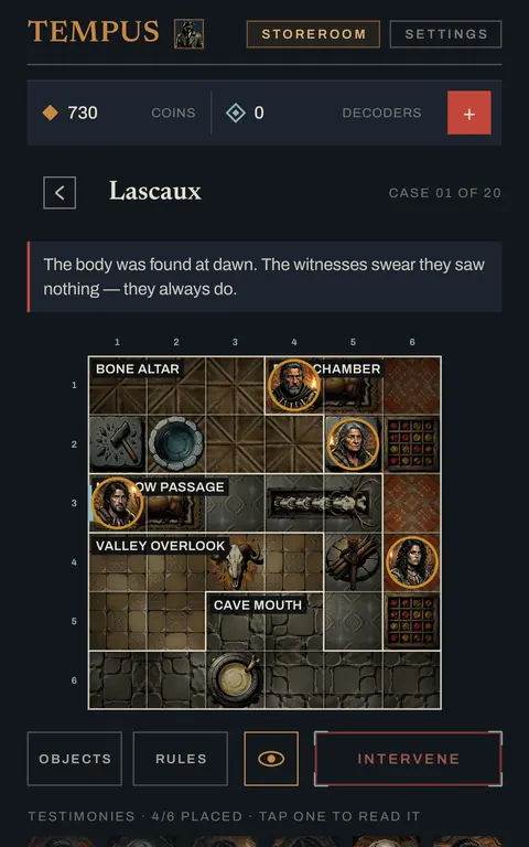TEMPUS scene in play: a grid board with suspects and objects, and the testimonies below