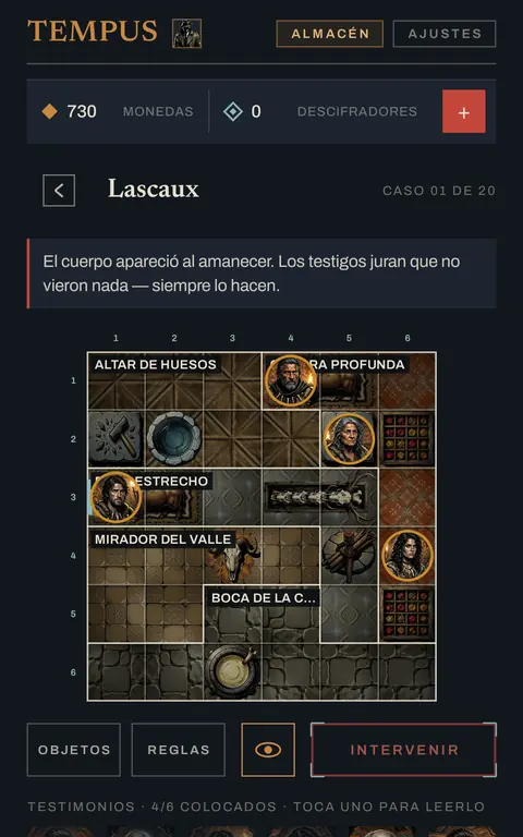 Escena en juego de TEMPUS: un tablero de cuadrícula con sospechosos y objetos, y los testimonios debajo